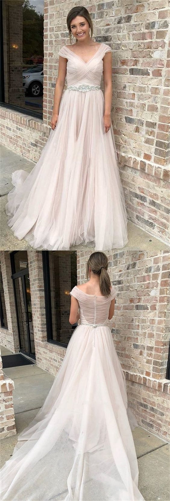 V-neck Pale Pink Tulle Rhinestone Beaded Prom Dresses