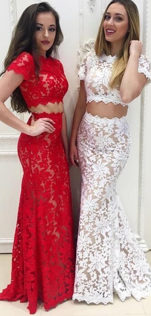 2 Pieces Lace Mermaid Cap Sleeves Prom Dresses