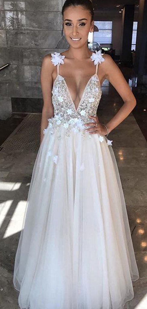 Deep V-neck Long A-line Beaded Tulle Prom Dresses