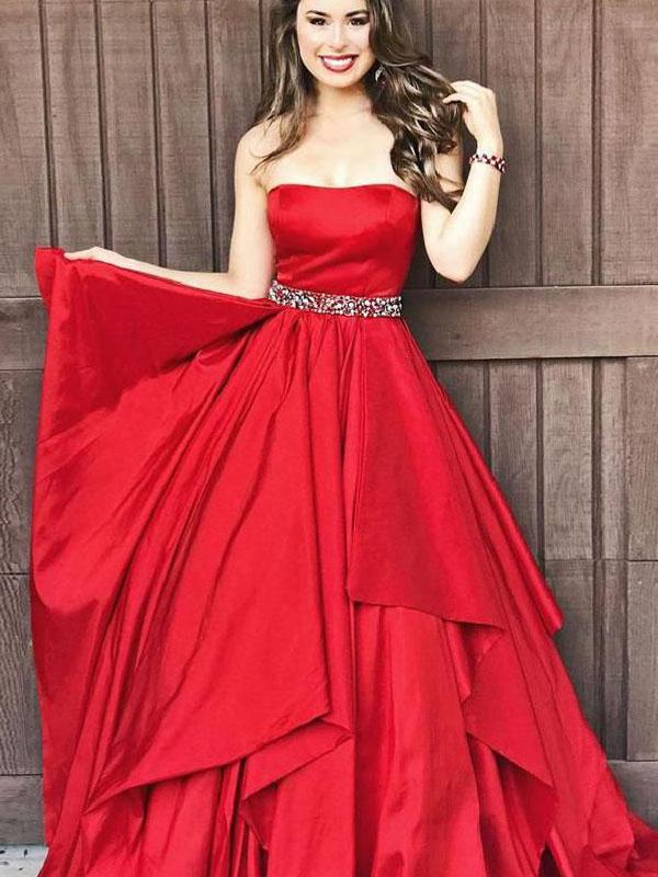 Strapless A-line Red  Satin Beads Long Prom Dresses