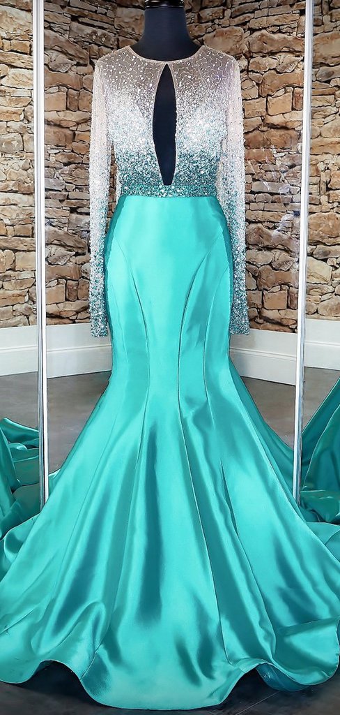 Long Sleeves Sexy Beaded Satin Prom Dresses