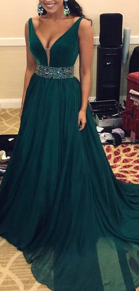 V-neck Emerald Green Chiffon Beaded Prom Dresses