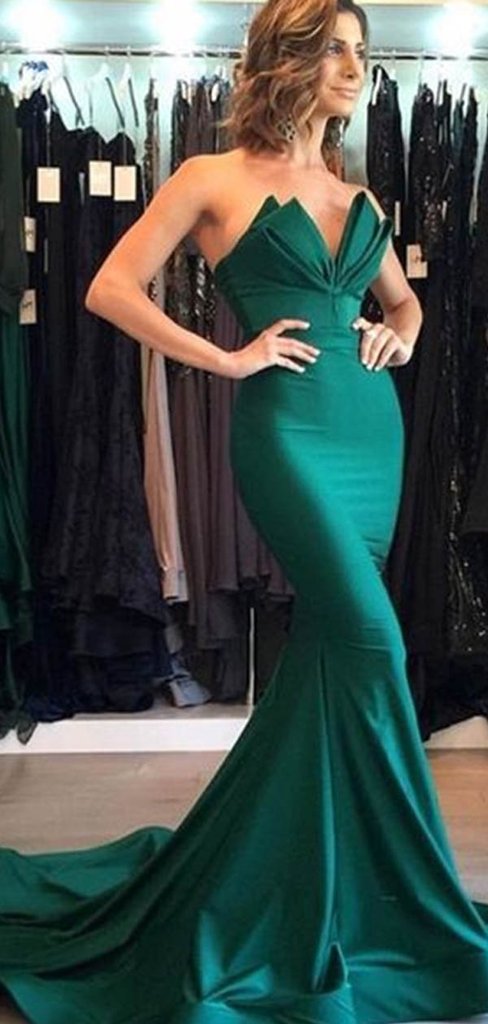 Emerald Green Soft satin Long Mermaid Prom Dresses