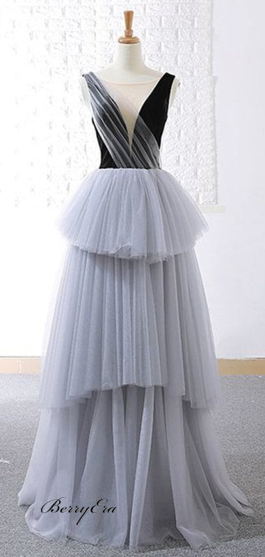Long A-Line Black Top Grey Tulle Prom Dresses Prom Dresses