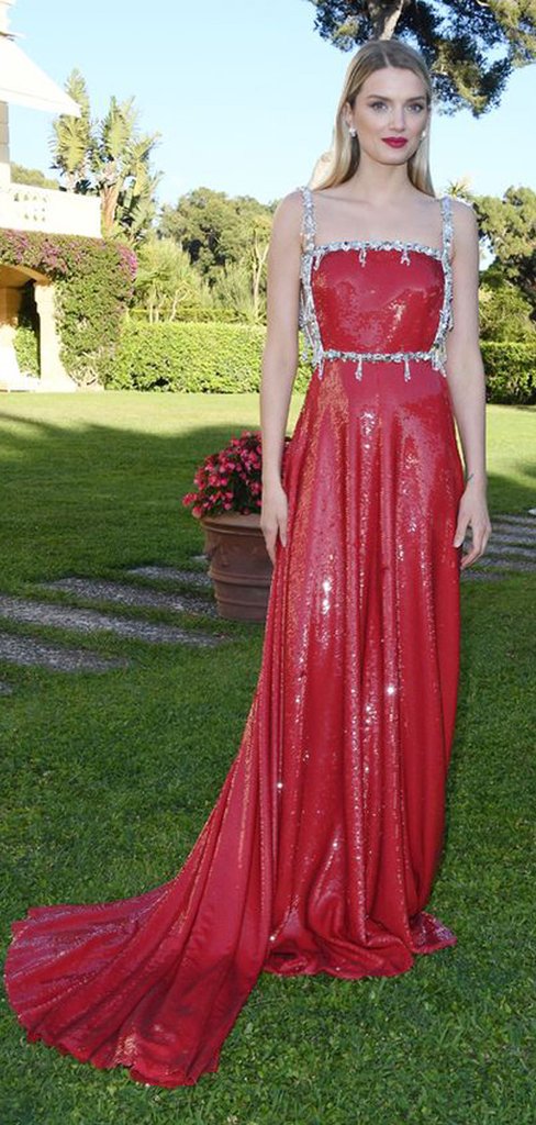 Straps Long A-line Red Sequin Prom Dresses, Evening Dresses