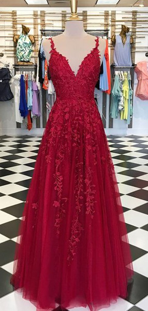 Fancy Lace Long A-line Tulle Red Evening Party Prom Dresses