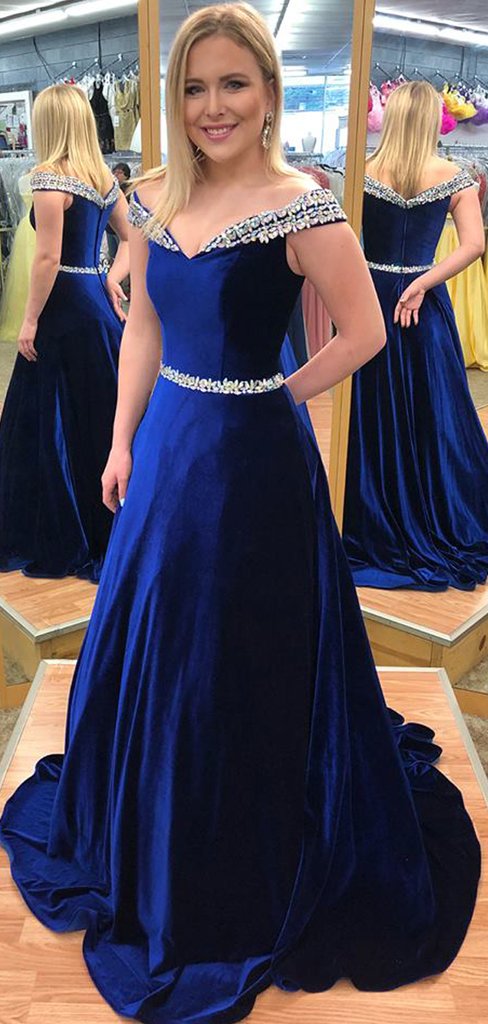 Off Shoulder Royal Blue Beaded Velvet Prom Evening Dresses