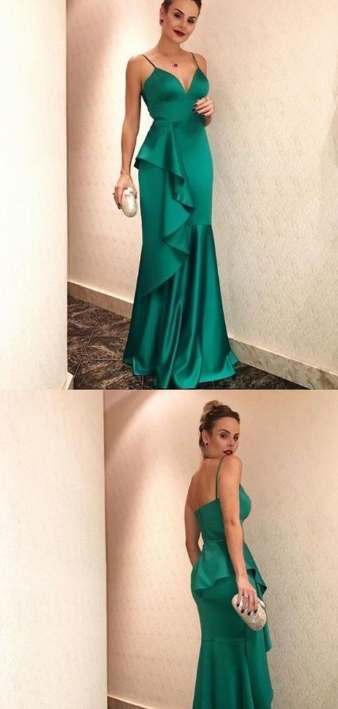 Elegant Long Mermaid Green Soft Satin Prom Dresses