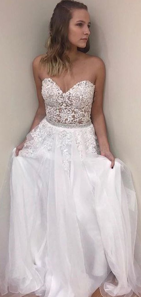Sweetheart Long A-line Lace Tulle Prom Evening Dresses