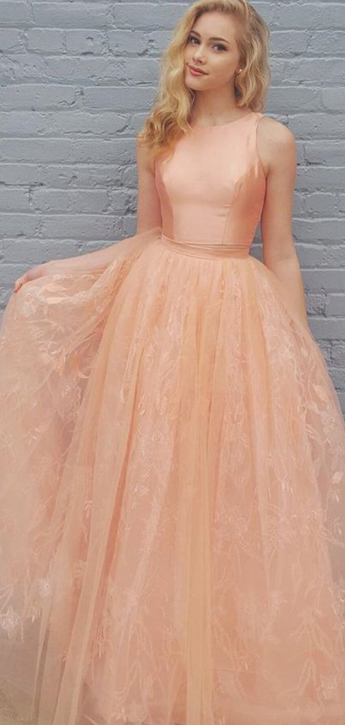 2 Pieces Peach Satin Top Lace Skirt Long Prom Dresses