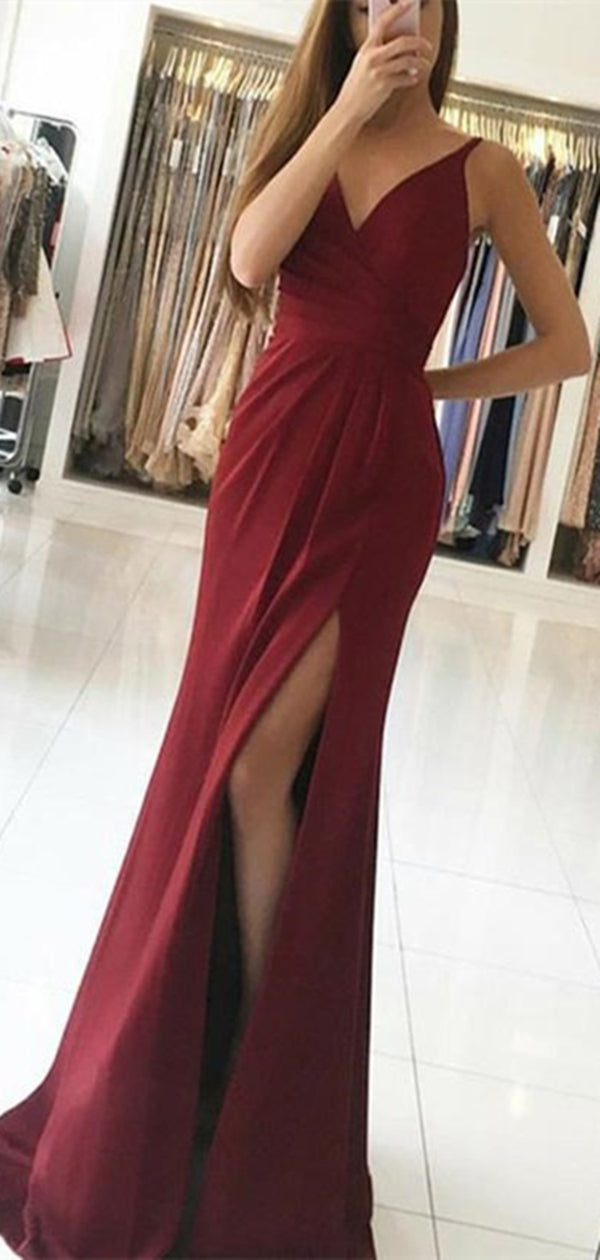 V-neck Long Sheath Side Slit Simple Prom Dresses, Long Prom Dresses