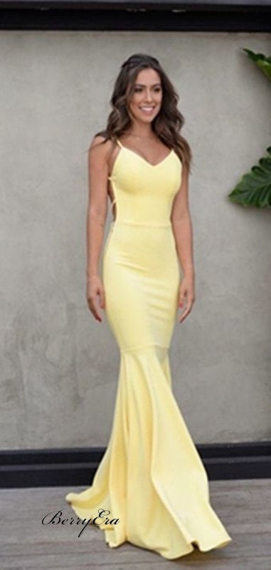 Simple V-Neck Long Mermaid Yellow Jersey Prom Dresses Cheap Prom Dresses