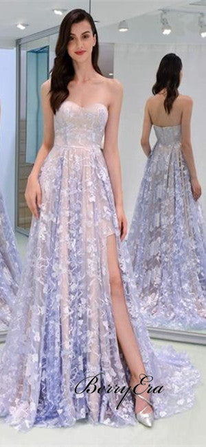 Strapless A-line Lace Prom Dresses, Elegant Long Prom Dresses