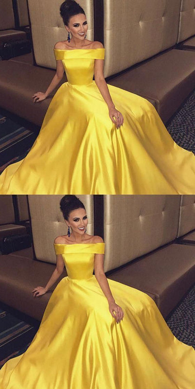 Off Shoulder Long A-line Yellow Satin Prom Dresses, Popular Prom Dresses, Prom Dresses