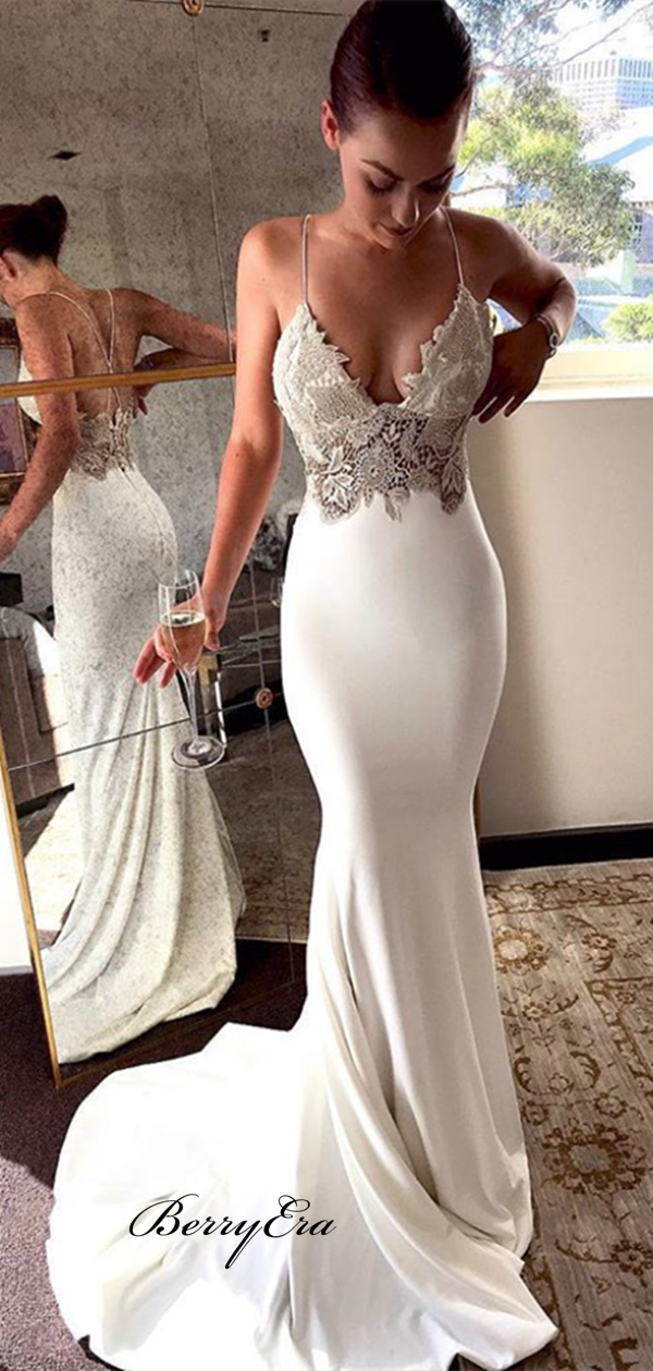Sexy V-neck Long Mermaid Lace Top Prom Dresses, Newest Prom Dresses