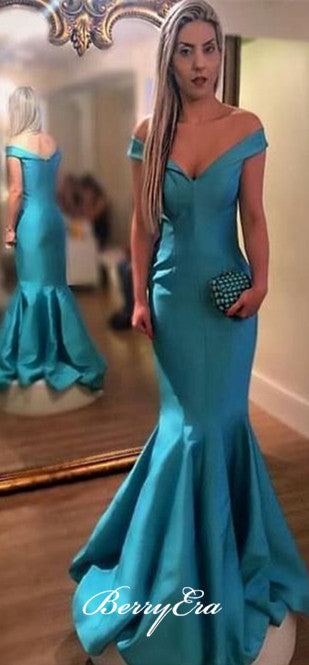 Off Shoulder Mermaid Blue Satin Prom Dresses, Long Prom Dresses, Cheap Prom Dresses