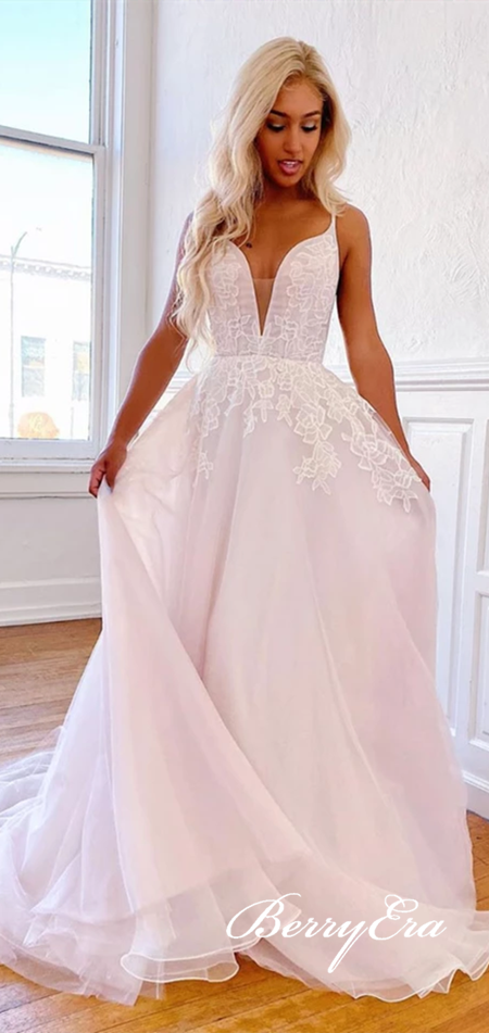 V-neck Long A-line Lace Prom Dresse, Pale Pink Prom Dresses, 2020 Prom Dresses