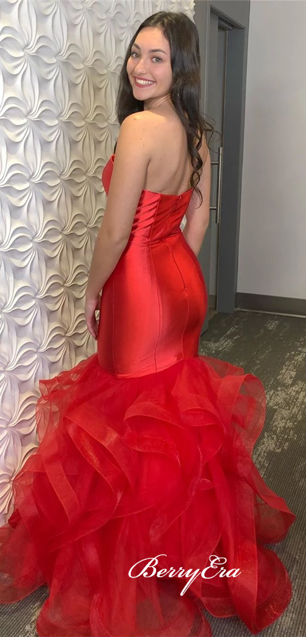 Sweetheart Long Mermaid Red Satin Tulle Prom Dresses, Sweetheart Long Prom Dresses, 2020 Prom Dresses