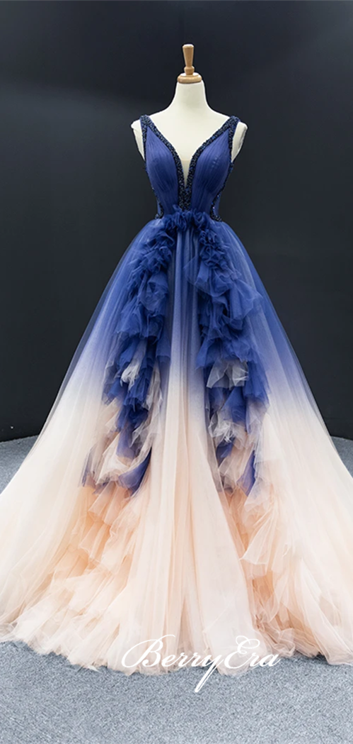 V-neck Long A-line Gradient Royal Blue Tulle Prom Dresses, Beaded Prom Dresses, 2020 Prom Dresses