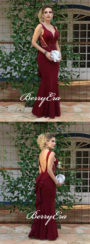 V-neck Burgundy Mermaid Jersey Lace Prom/Bridesmaid Dresses, Long Prom Dresses
