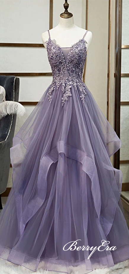 Spaghetti Long A-line Tulle Lace Appliques Prom Dresses, Elegant Purple Prom Dresses, Long Prom Dresses