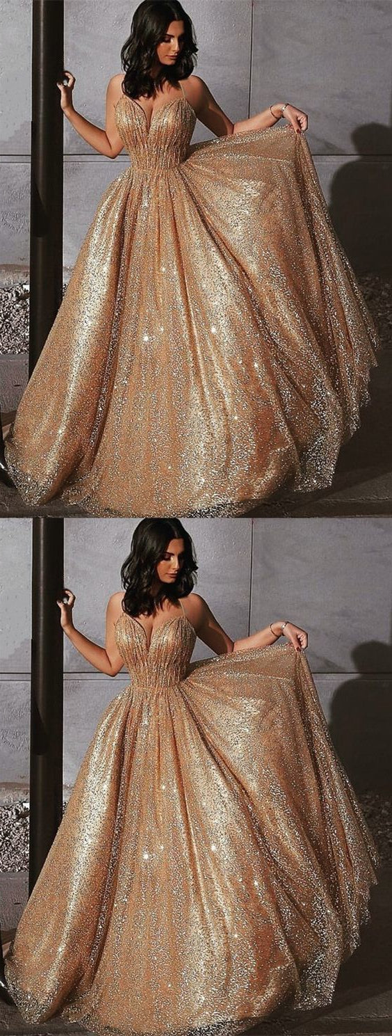 Shiny Long A-line Sequin Tulle Prom Dresses, Popular Prom Dresses, Prom Dresses