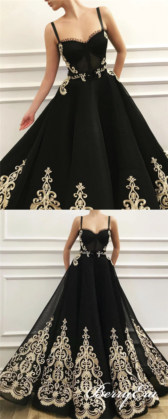 Straps Black Tulle Lace Prom Dresses, Elegant Long Prom Dresses, New Arrival Prom Dresses