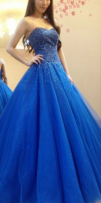 Sweetheart Long A-line Tulle Beaded Prom Dresses, Lovely Princess Prom Dresses, 2020 Prom Dresses