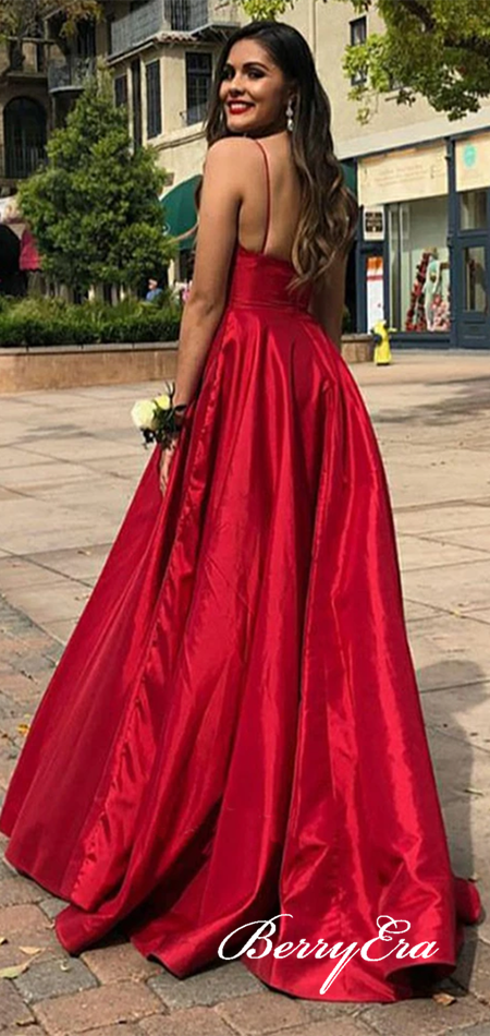 Spaghetti Long A-line Red Satin Prom Dresses, Simple Prom Dresses, Long Popular Prom Dresses