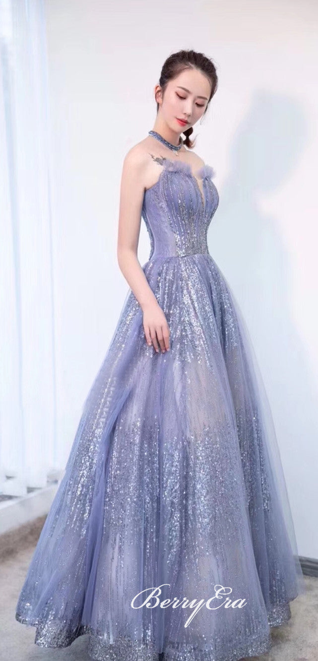 Spaghetti Long A-line Sequin Tulle Prom Dresses, Newest Design Prom Dresses, Sparkle Prom Dresses