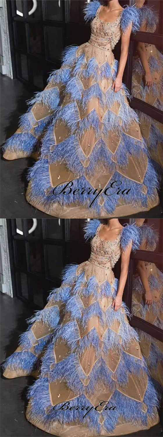 Light Blue Feathers Organza Prom Dresses, Luxury Beaded Prom Dresses, Prom Dresses