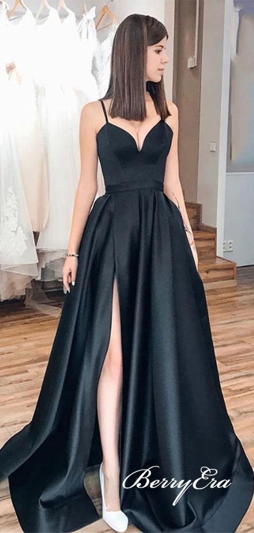 Simple A-line Black Satin Long Prom Dresses, Side Slit Prom Dresses, Elegant Prom Dresses