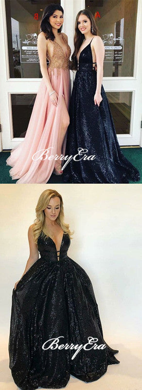 V-neck Balck Sequin A-line Prom Dresses, Shiny Prom Dresses, Popular Prom Dresses