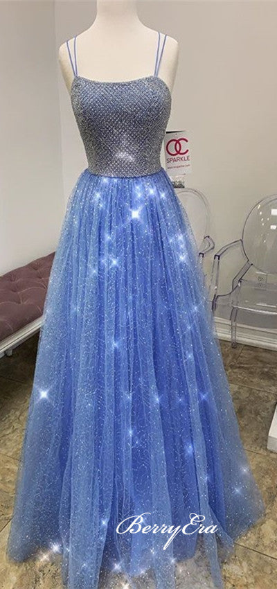 Jewl Long A-line Shiny Sequin Beaded Prom Dresses, Blue Prom Dresses, Long Prom Dresses, 2020 Prom Dresses