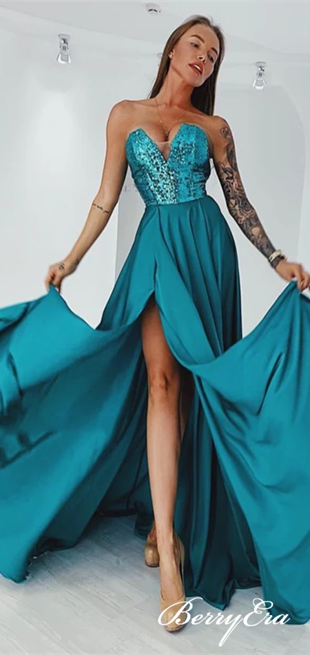 Sweetheart Long Prom Dresses, Sequin Top Side Slit Long Prom Dresses, Prom Dresses