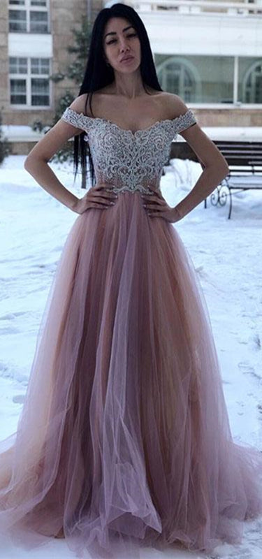 Off Shoulder Lace Top Tulle Prom Dresses, Affordable Prom Dresses, Long Prom Dresses