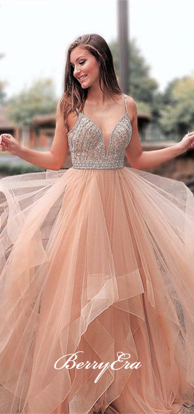 Spaghetti A-line Tulle Beaded Prom Dresses, Ball Gown, Long Prom Dresses