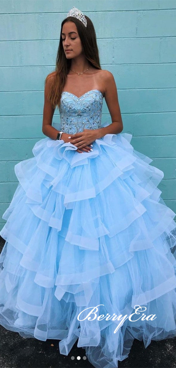 Sweetheart Long Blue Tulle Beaded Ball Gown Prom Dresses, Long Prom Dresses, 2020 Prom Dresses