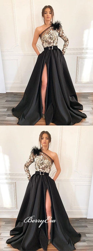 One Shoulder Lace Satin Prom Dresses, Long Prom Dresses, Side Slit Prom Dresses