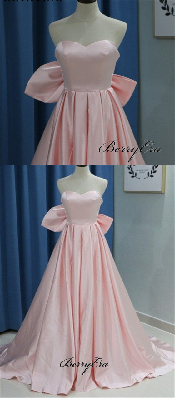 Blush Pink A-line Satin Prom Dresses, Long Prom Dresses With Bow, Cheap Prom Dresses