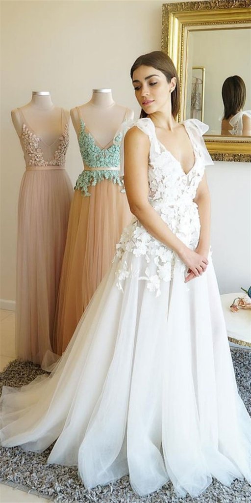V-neck Long A-line Lace Tulle Prom Dresses