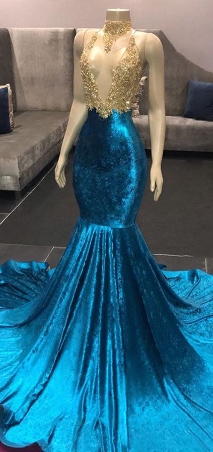 Deep V-neck Long Mermaid Velvet Prom Dresses, Lace Beaded Prom Dresses, Long Prom Dresses