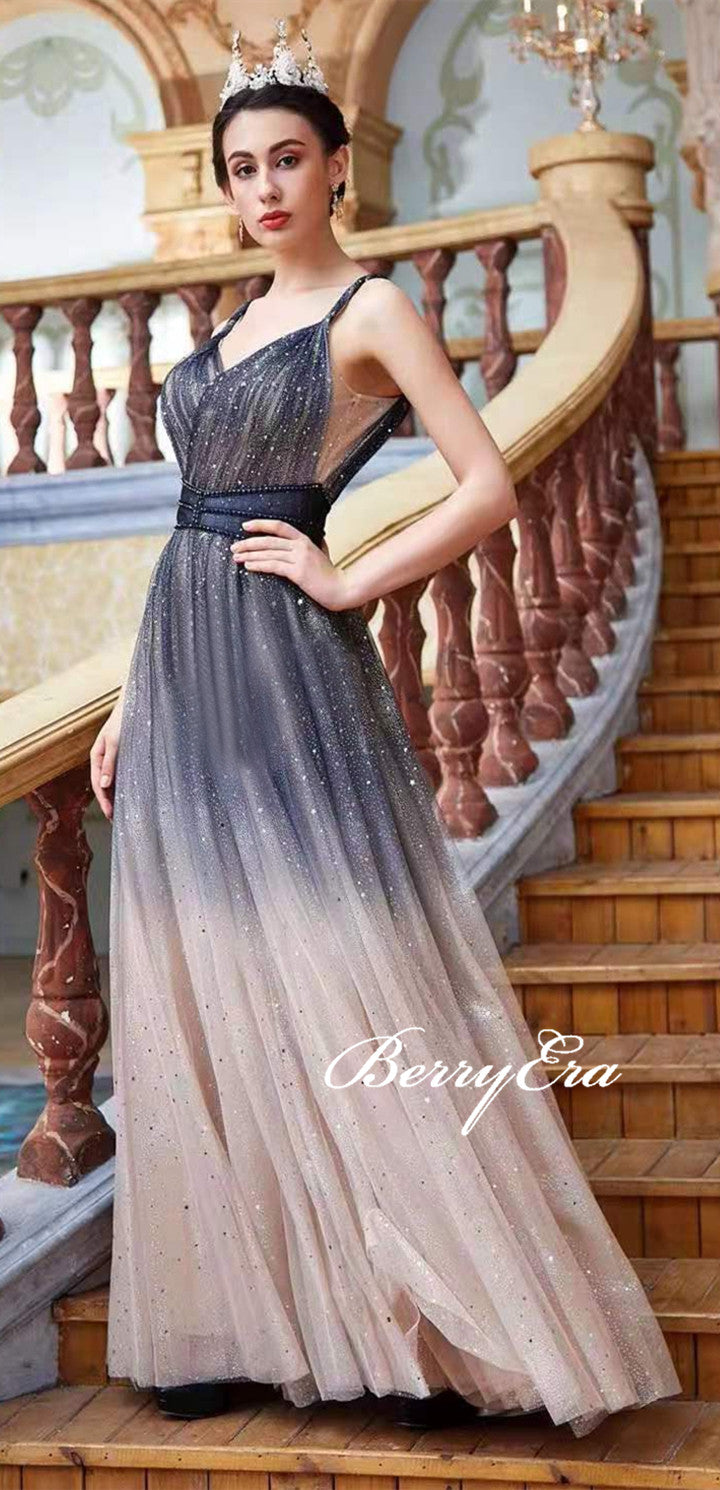Straps Gradient Long A-line Sequin Tulle Prom Dresses, Glitter Long Prom Dresses, Shiny Prom Dresses