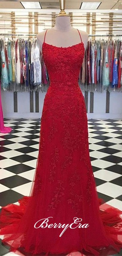 Cross Back Red Lace Long Prom Dresses, Popular Prom Dresses