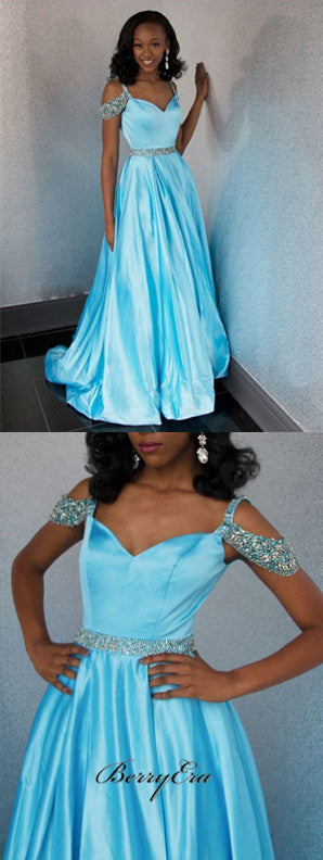 Blue Satin Off Shoulder Beaded Prom Dresses, Long Prom Dresses, Elegant Prom Dresses