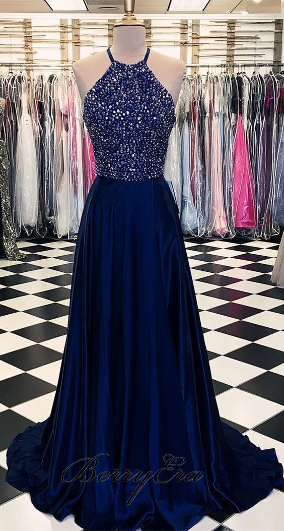 Halter Rhinestone Beaded A-line Prom Dresses, Long Prom Dresses, Affordable Prom Dresses