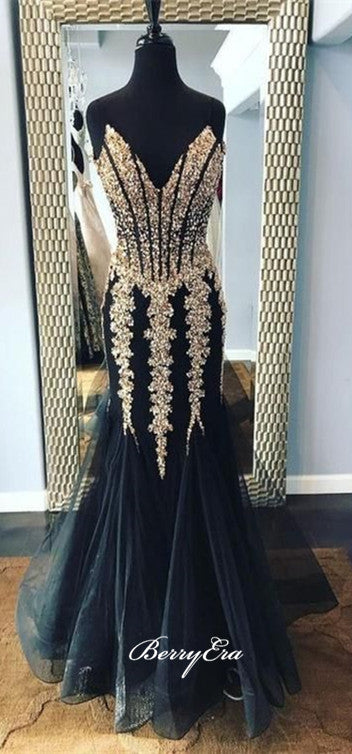 Black Tulle Ivory Lace Prom Dresses, Mermaid Prom Dresses, Long Prom Dresses