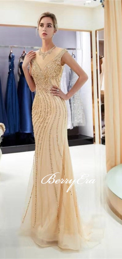 Luxury Champagne Gold Beaded Long Mermaid Sparkle 2020 Prom Dresses, New Arival Prom Dresses