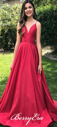 Simple Red Satin A-line Prom Dresses, Long Prom Dresses, Satin Prom Dresses