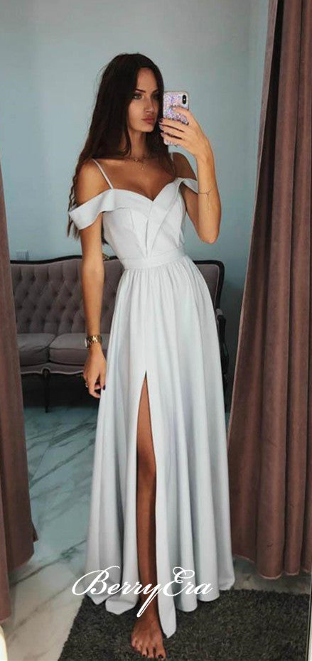 Off Shoulder Long A-line Light Grey Side Slit Prom Dresses